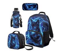 Cugasmaru Set di zaino e borsa per il pranzo per ragazzi, alla moda, per la scuola, per ragazze, Lupo blu, Zaino per bambini