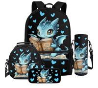 Cugasmaru Zaini per bambini per ragazze, 4 pezzi, grande capacità, borsa per il pranzo per bambini, astuccio per matite e bottiglia d'acqua, Dinosauro blu., Zaino per bambini