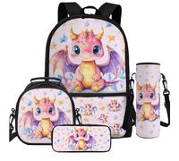 Cugasmaru Zaini per bambini per ragazze, 4 pezzi, grande capacità, borsa per il pranzo per bambini, astuccio per matite e bottiglia d'acqua, Dinosauro rosa., Zaino per bambini