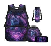 Cugasmaru Zaini per bambini Zaini per bambini Zaino per la scuola e borsa per il pranzo 4 in 1, Cavallo Cuori Viola, Zaino per bambini