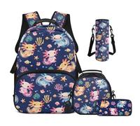 Cugasmaru Zaini per la scuola per ragazze con scatola per il pranzo, 4 pezzi, borse per bambini e ragazzi per il rientro a scuola, Axolotl Blu Rosa, Zaino per bambini