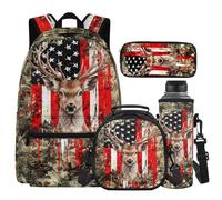 Cugasmaru Zaino con portapranzo per bambini e ragazze, zaino leggero e portapranzo, set 4 in 1, regalo per studenti elementari, per il ritorno a scuola, Cervo ameicano, Zaino per bambini