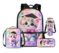 Cugasmaru Zaino per bambini e borsa per il pranzo, set di borse per la scuola per ragazze, 43,2 cm, 4 pezzi, per il rientro a scuola, Laureato Gatto Rosa, Zaino per bambini