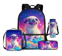 Cugasmaru Zaino per bambini e borsa per il pranzo, set di borse per la scuola per ragazze, 43,2 cm, 4 pezzi, per il rientro a scuola, Pug su Cloud, Zaino per bambini