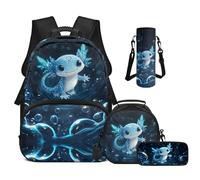 Cugasmaru Zaino per la scuola per ragazze 43,2 cm set di borse per la scuola carino borsa per il pranzo, astuccio, custodia per bottiglia Warter, Axolotl Blu, Zaino per bambini