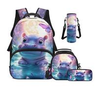 Cugasmaru Zaino per la scuola per ragazze 43,2 cm set di borse per la scuola carino borsa per il pranzo, astuccio, custodia per bottiglia Warter, Ippopotamo, Zaino per bambini