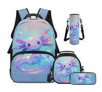 Cugasmaru Zaino per la scuola per ragazze 43,2 cm set di borse per la scuola carino borsa per il pranzo, astuccio, custodia per bottiglia Warter, Axolotl Blu Rosa, Zaino per bambini