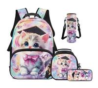Cugasmaru Zaino per la scuola per ragazze 43,2 cm set di borse per la scuola carino borsa per il pranzo, astuccio, custodia per bottiglia Warter, Gatto, Zaino per bambini