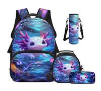 Cugasmaru Zaino per la scuola per ragazze 43,2 cm set di borse per la scuola carino borsa per il pranzo, astuccio, custodia per bottiglia Warter, Axolotl, Zaino per bambini