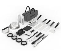 Cuisinart Set di 24 utensili per piastra con borsa portaoggetti, accessori per griglia in acciaio inox con spatole, cupola fusa, pressa per hamburger, raschietto e pinze, perfetto per barbecue