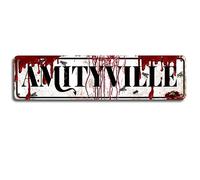CUIYMXSC Targa in metallo stile retrò "Amityville", un must per gli appassionati dell'orrore, decorazione da parete vintage per la casa, design con schizzi di sangue, 40,6 x 10,2 cm