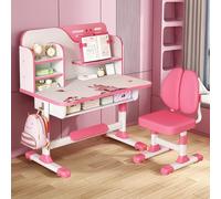 cukoekim Set di sedie da scrivania per bambini, regolabili, con tavolo e sedie, per la scuola, lo studio, con sedie ergonomiche con motivo a cartoni animati, libreria e cassetto (rosa)