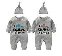 culbutomind Body Bambino Gemelli I Love My Twin Sister Brother Divertenti Body Neonato Regalo Gemella Tutina Manica Corta Bimba Con Cappello(Grey 6 months)
