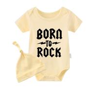 culbutomind Born To Rock - Body per neonato a maniche corte per neonati, con scritta "Born To Rock", cappello giallo a rocce, 3-6 Months