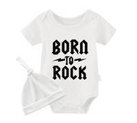 culbutomind Born To Rock - Body per neonato a maniche corte per neonati, con scritta "Born To Rock", cappello bianco a rocce, 6-9 Months