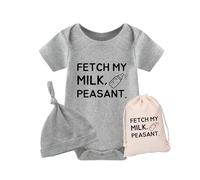culbutomind Fetch My Milk Fun Baby Body a maniche corte regalo per nascita ragazzi ragazze gemelli abbigliamento bambino con cappello, Grigio Fetch My Milk, 6-9 Monate