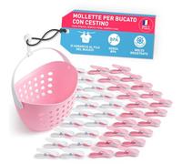 culiclean Cestino per Mollette da Bucato con 40 Mollette - Porta Mollette da Esterno - Mollette Bucato Antisegno e Resistenti - rosa-bianco, cestino rosa