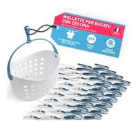 culiclean Cestino per Mollette da Bucato con 40 Mollette - Porta Mollette da Esterno - Mollette Bucato Antisegno e Resistenti - blu-bianco, cestino bianco