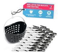 culiclean Cestino per Mollette da Bucato con 40 Mollette - Porta Mollette da Esterno - Mollette Bucato Antisegno e Resistenti - bianco-nero, cestino nero