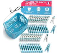 culiclean Cestino per Mollette da Bucato con 48 Mollette - Porta Mollette da Esterno - Mollette Bucato Antisegno e Resistenti - blu-bianco, cestino blu