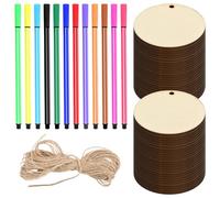 Culinavog 50 Pezzi Dischi Legno con Foro, 5cm Dischi Legno Naturale Circolare e 10 metri di corda, Cerchio in Legno Grezzo con Foro e 12 penne ad acquerello Per il Natale Lavoretti Regali