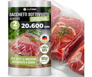 culivac Rotolo Sottovuoto Alimenti 2X 20x600 cm Buste per Sottovuoto per Cibo - Compatibile con Macchine Estrazione Esterna - Sacchetti Vuoto Alimenti - 12 Metri Totale