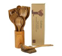 Culivex Set di 12 utensili da cucina in legno di teak con supporti e poggiamestolo, cucchiai e spatuals in legno antigraffio per pentole antiaderenti, utensili da cucina in legno duro naturale