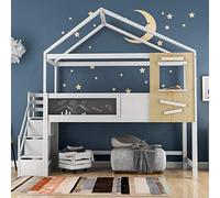 Culla con finestra, con piccola scatola di legno, telaio in pino, pannello di protezione in MDF, bianco (90 x 200 cm) (letto a castello)
