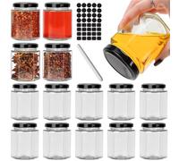 CulnCraz Barattoli esagonali da 180 ml con coperchio nero, confezione da 15 barattoli ermetici da 6 oz per conservare spezie, marmellate, miele, yogurt, alimenti per bambini, con 40 adesivi e 1 pezzo