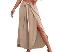 Culottes, pantaloni estivi da donna, leggeri, sexy, a spacco largo, a vita alta, in tinta unita, per il tempo libero, con elastico in vita, plissettato, comodi, pantaloni da jogging, N - Beige, XXL