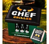 CULT at home Inserto per cassetta della birra Chefgriller - Sedile per cassetta della birra con coperchio della birra, gioco di promemoria, cuscino per casse di birra, sgabello da giardino, balcone e
