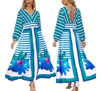 CuLtp Abiti Midi Estivi a Vita Alta, Abito a Camicia con Bordo fluente a Maniche Lunghe a Righe Aperto sul Davanti con Bottoni Temperamento Slim Fit