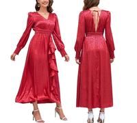 CuLtp Abito A Trapezio Maculato con Maniche Lunghe, Maniche Lunghe A Palloncino, Doppio Scollo A V Plissettato E Fondo Irregolare