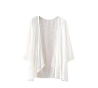 CuLtP Cardigan da Donna in Cotone E Lino Leggero Bolero Giacca A Cascata Mezza Manica Estiva Copricostume Casual Aperto sul Davanti Kimono Camicetta Coprispalle Bianco L