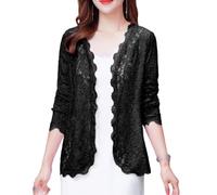CuLtP Coprispalle da Donna A Maniche Lunghe Cardigan Bolero da Donna, Cardigan Bolero da Sera Aperto in Pizzo Leggero Coprispalle Cappotto Corto Giacca Bolero da Sera Blazer da Festa,Nero,M