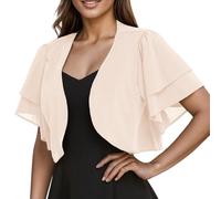 CuLtP Coprispalle Donna Elegante Coprispalle in Chiffon da Donna Bolero Corto Giacca Leggera Cardigan Estivo Velato Doppio Strato Volant Manica Corta Camicetta Abiti da Sera Scialle Cover Up Beige L