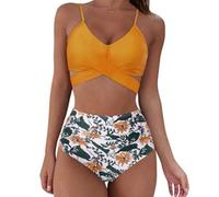 CuLtp Costume da Bagno Donna Due Pezzi Costumi Push Up Scollo A V Top Bikini con Lacci Incrociati sul Retro E Pantaloncini da Bagno con Coulisse Laterale A Pieghe