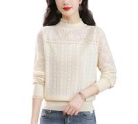 CuLtP Maglione da Donna A Collo Alto, Camicia Pullover A Maniche Lunghe in Pizzo Trasparente con Perline Top in Maglia Casual, Maglioni da Donna Maglioni Eleganti Tunica Invernale Felpa,Albicocca,M