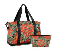 Cultura cinese modello rosso Tote Bag Pernottamento Bag con cinghia regolabile per Yoga 2 pz Set, Modello rosso cultura cinese, 1 size