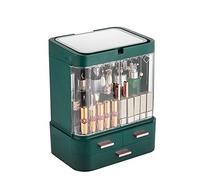 CUNTO Barmalmnh - Scatola portaoggetti per cosmetici, con specchio a LED girevole a 360 gradi, organizer per trucchi e gioielli per la cura della pelle, cassettiera, verde scuro