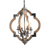 CUNTO Lampadario in stile country francese, lampadario in legno a 4 luci, elegante lampada a sospensione in legno per cottage per sala da pranzo, foyer, ingresso, ristorante