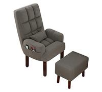 CUNTO Poltrona con poggiapiedi, comoda sedia con gambe in legno, sedia operativa traspirante in cotone e lino, sedia da ufficio, schienale reclinabile, design ergonomico/grigio
