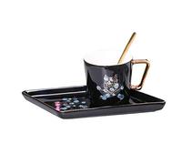 CUNTO - Set di tazza da caffè e piattino quadrato con cucchiaino in acciaio inox, per ristorante, caffetteria, festa di famiglia, nero