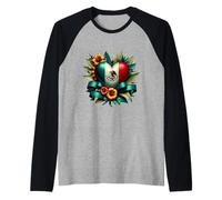 Cuore Bandiera Messicana con Fiori e Foglie Maglia con Maniche Raglan