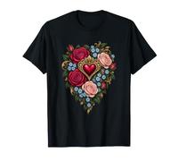 Cuore con Petali Dorati scanalati e Fiori di Rosa da Giardino Maglietta
