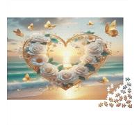 Cuore di Rose Tramonto sulla Spiaggia Puzzle per Adulti Puzzle 1000 Pezzi Scena Romantica Farfalla Carta Famiglia Relax Decorazione Casa Regalo 52x38cm/1000pcs