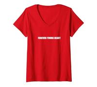 Cuore Giovane per Sempre Maglietta con Collo a V, Donna, Rosso, L