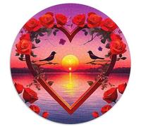 Cuore Rose Tramonto Lago Puzzle per Adulti Puzzle 1000 Pezzi Rotondo Carta Stile Romantico