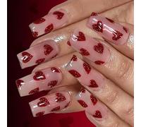 Cuore rosso per spingere le unghie di medie dimensioni, stile bara, 24 pezzi, non tossico, finitura lucida, data essenziale, design a cuore, unghie artificiali