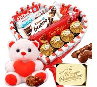 Cuore Sorpresa Regalo con Peluche e Oltre 40 Cioccolatini e Praline - Ferrero Rocher, Lindor, Caja Roja, Kinder - Biglietto Personalizzato